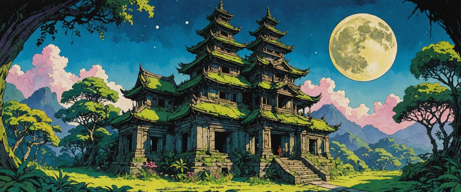 Moonlit Balinese Temple Ruins in Comic Book Watercolor Style