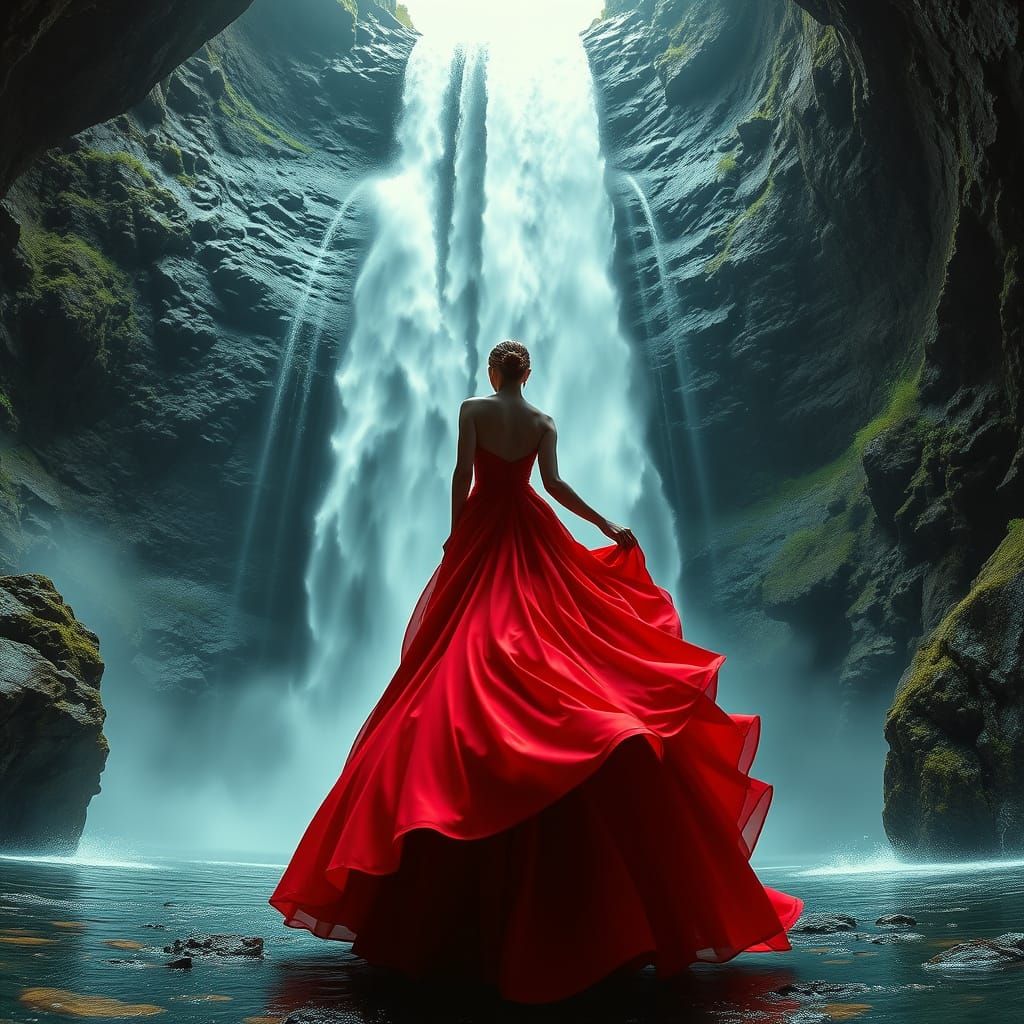 Woman in Red Gown with Fractal Spiral Dress by Waterfall