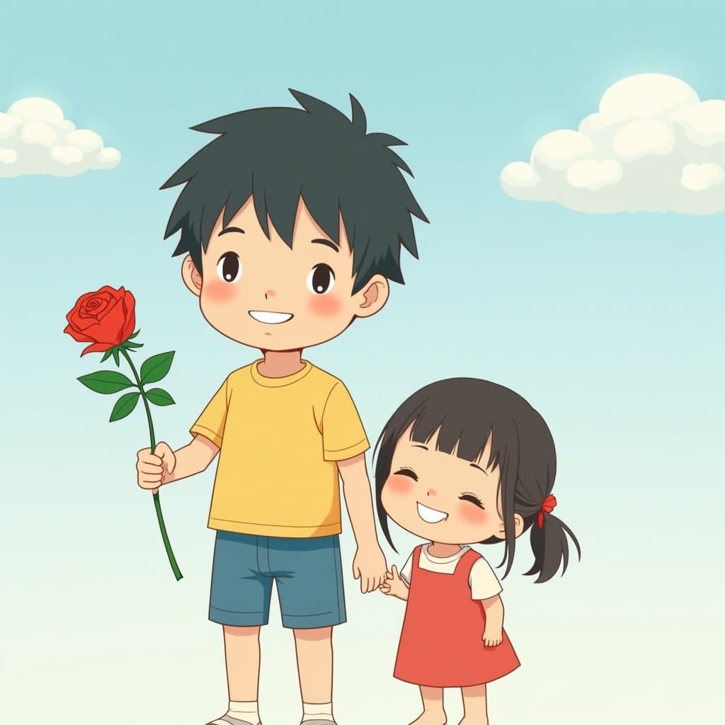 Kawaii Boy Holds Rose for Gentle Friend in Soft Blue Backgro...