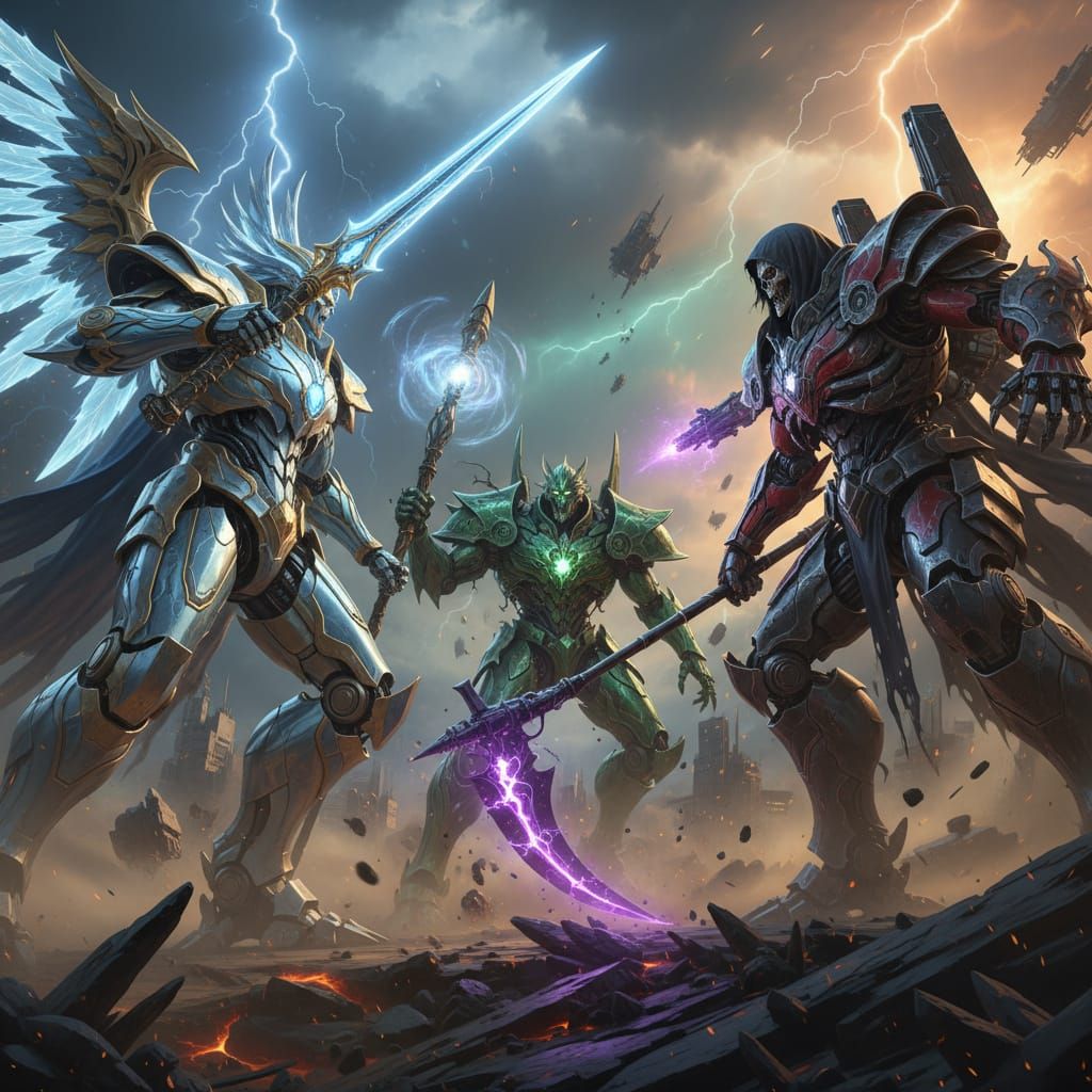 Gods Battle Death with Sci-Fi Mech Details