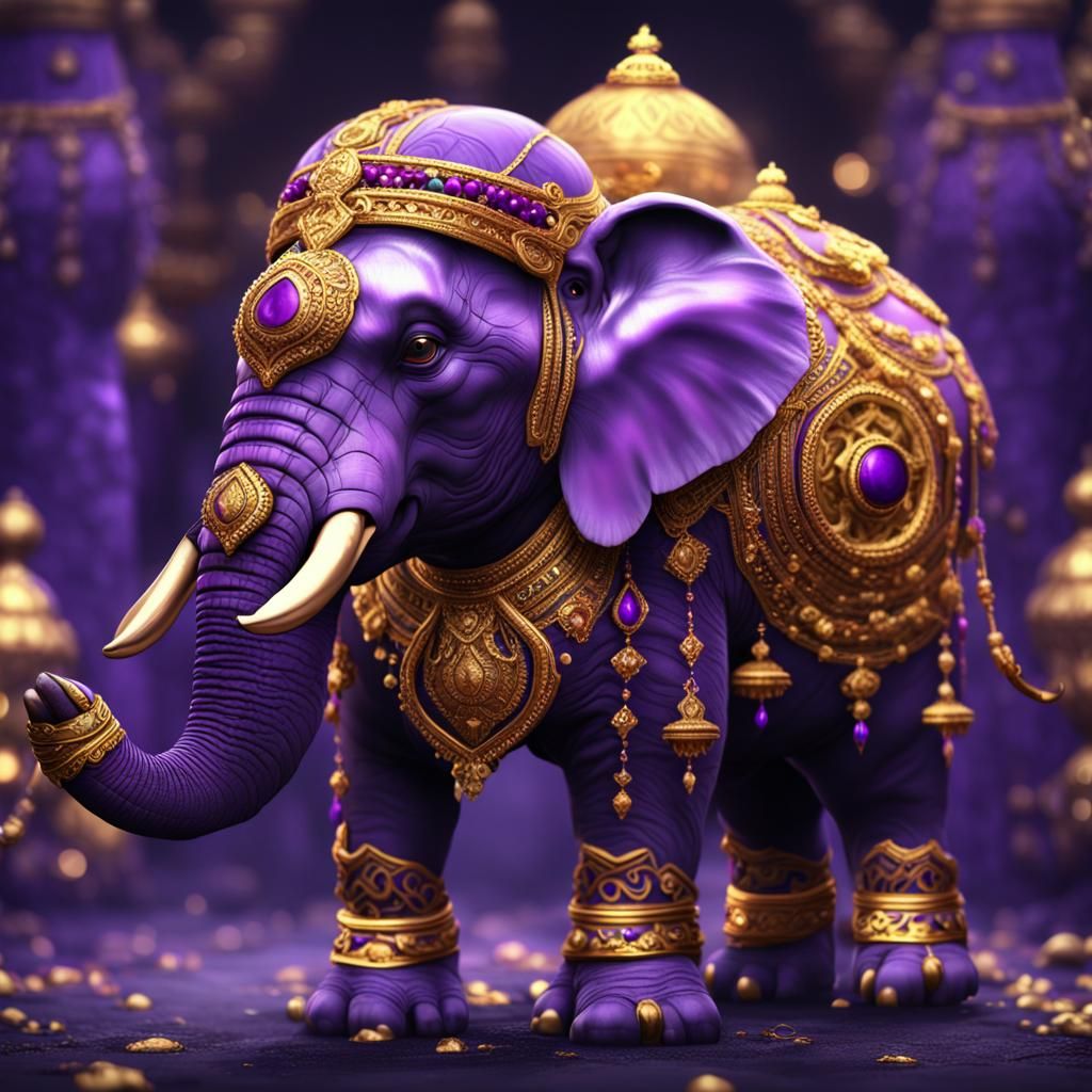Purple Elephant in Gold Jewellery, Detailed Fantasy Art
