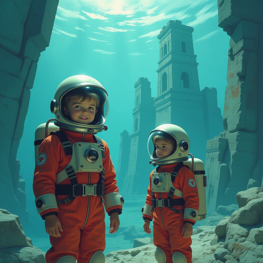 Retro-Futuristic Divers Explore Ancient Underwater Ruins