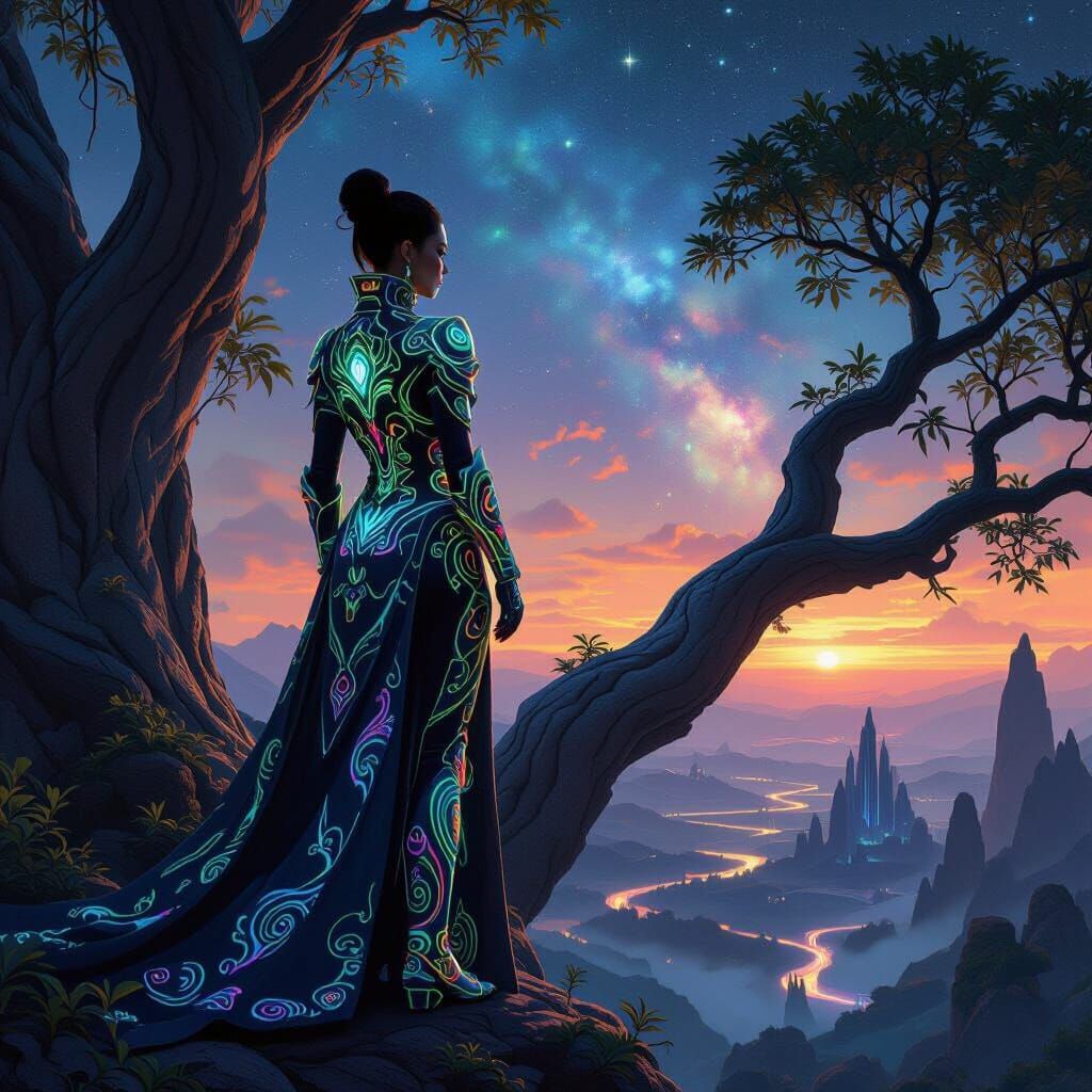 Bioluminescent Woman Overlooks Alien Landscape