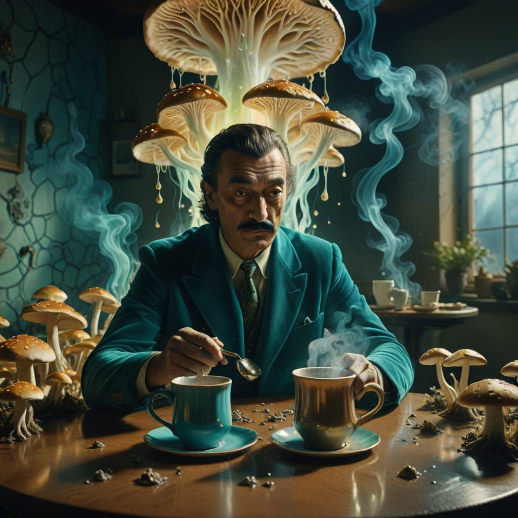 Man in Ethereal Glow Surrounded by Giant Bioluminescent Mush...