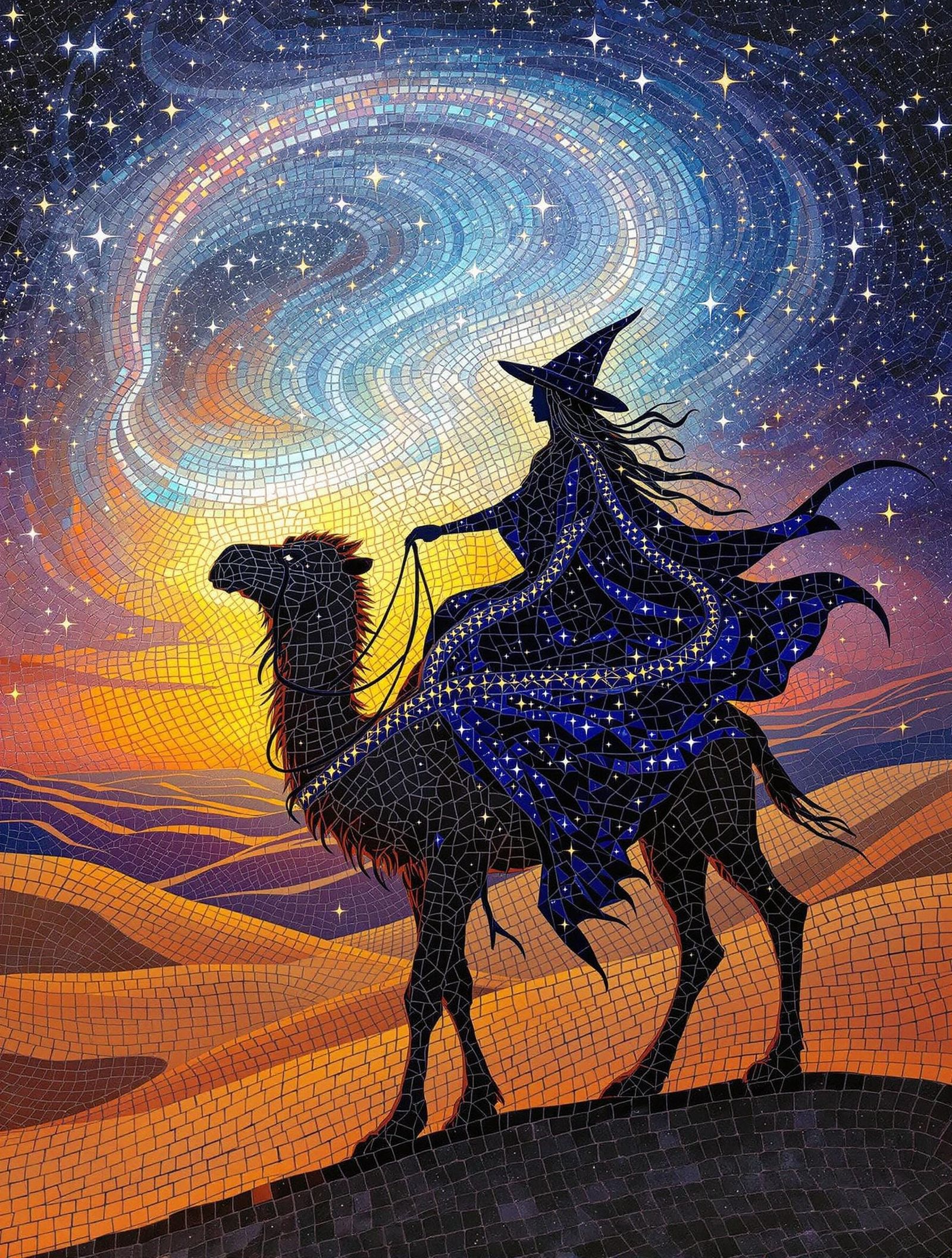 Mystical Witch Rides Camel in Symbolist Mosaic