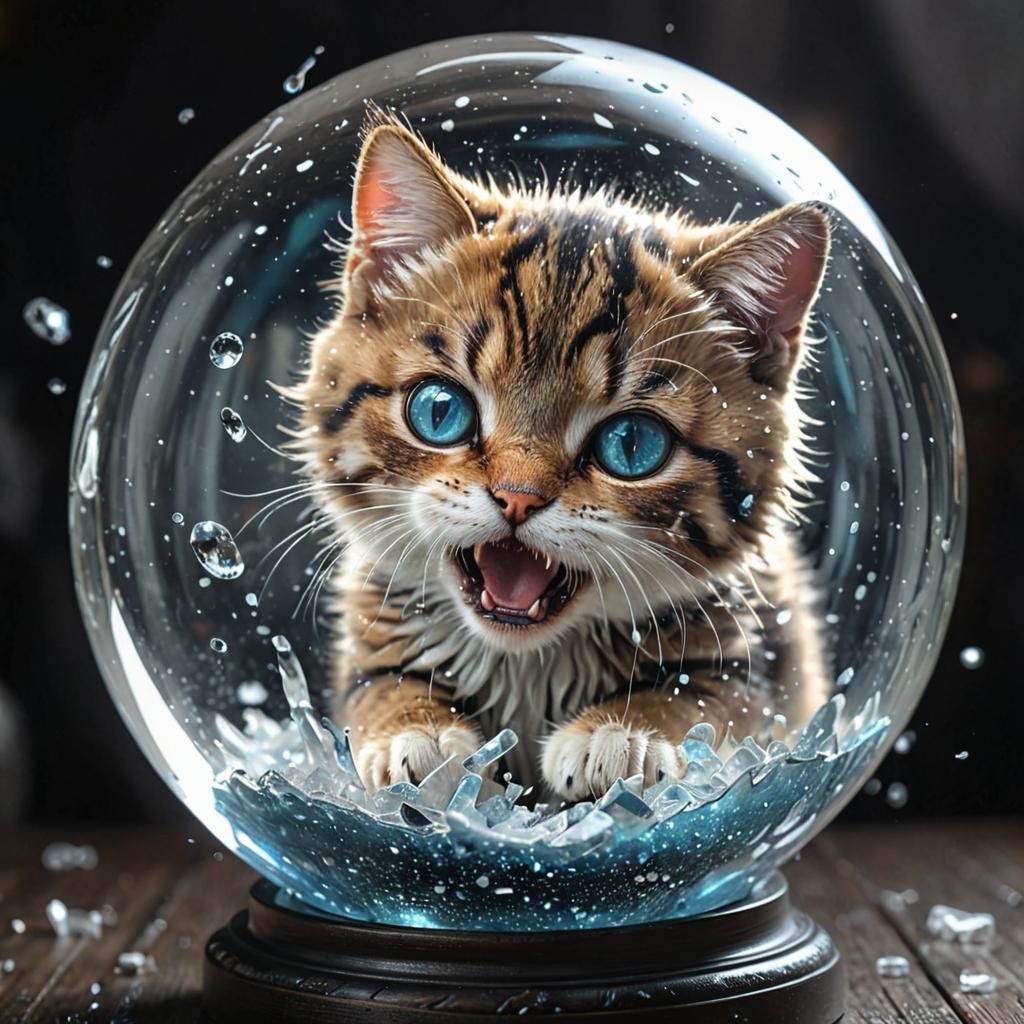 Screaming Kitten Snowglobe Shatters in Anime Style