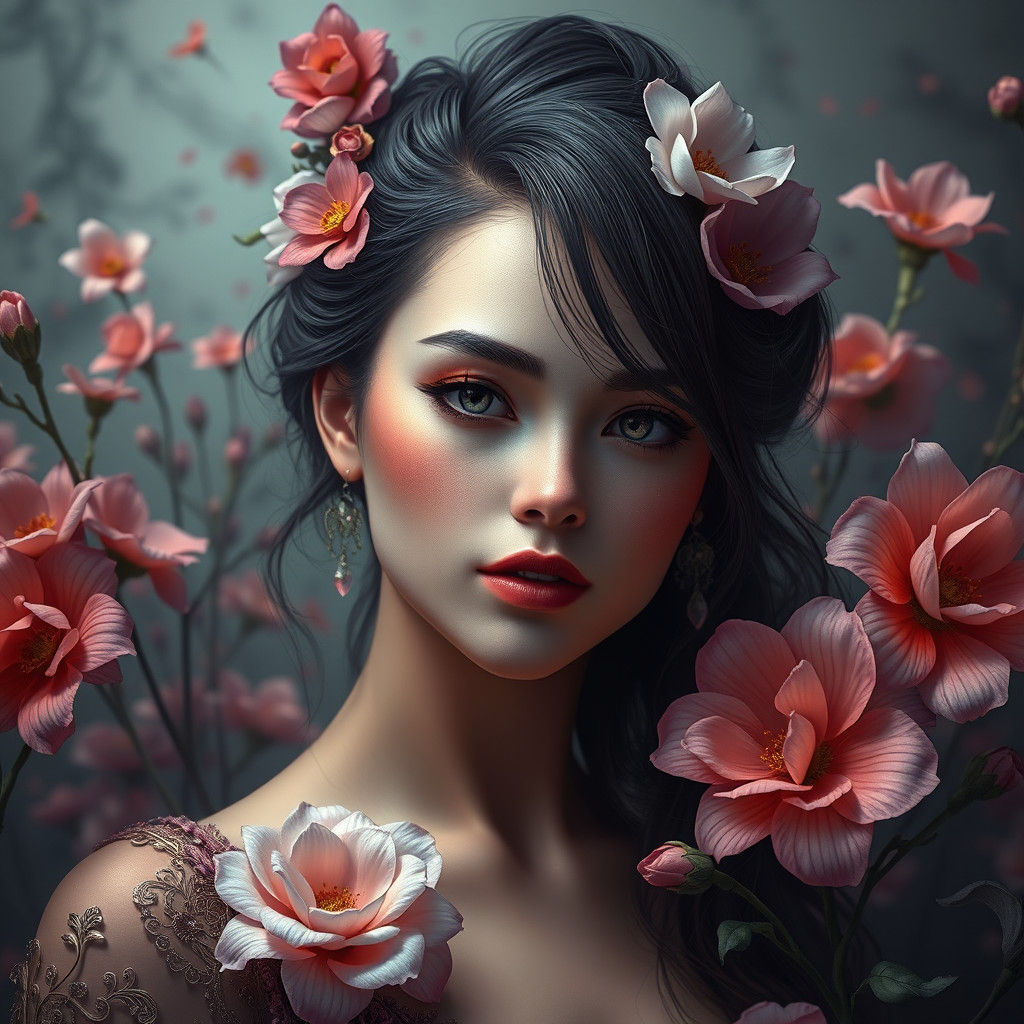 Emo Woman with Beautiful Flowers in Detailed Painting
