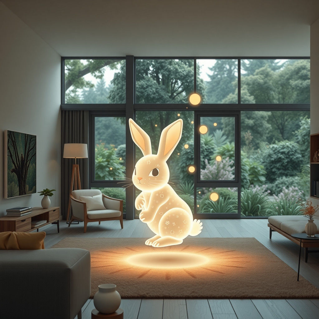 Holographic Rabbit Companion in Minimalist Living Space