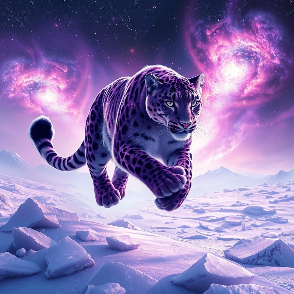 A majestic purple snow leopard with fur like a swirling galaxy leaps across a field of ice crystals under a nebula-fille...