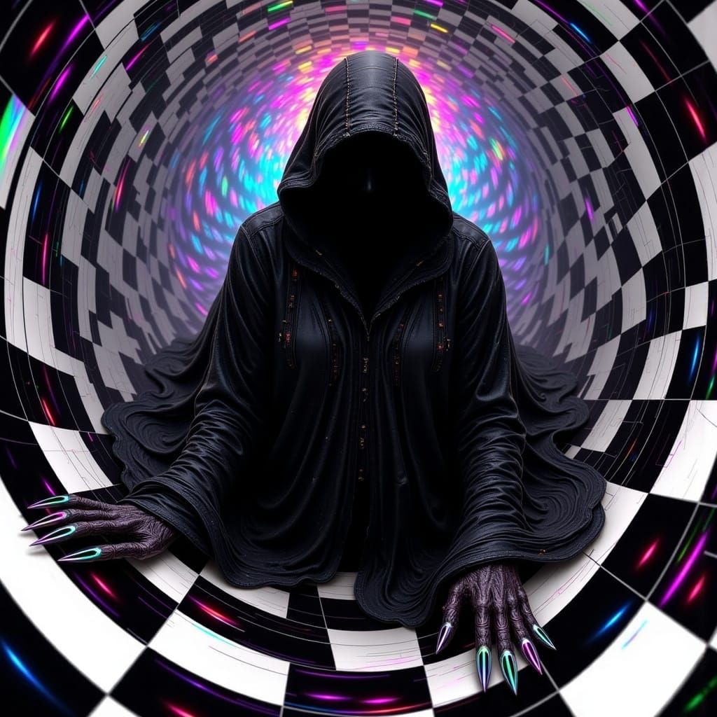 Hooded Figure Emerges from Checkered Vortex