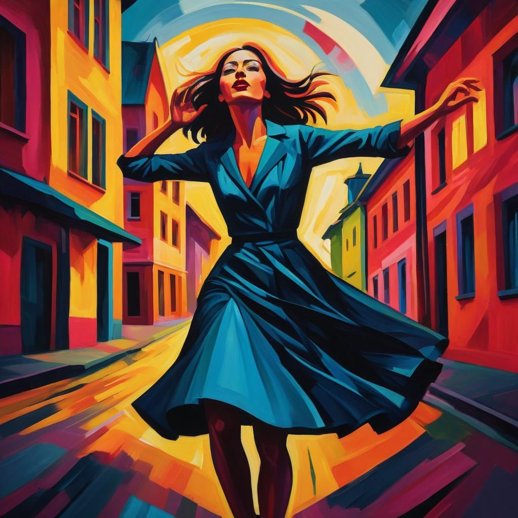 Woman Dancing: German Expressionist Cityscape