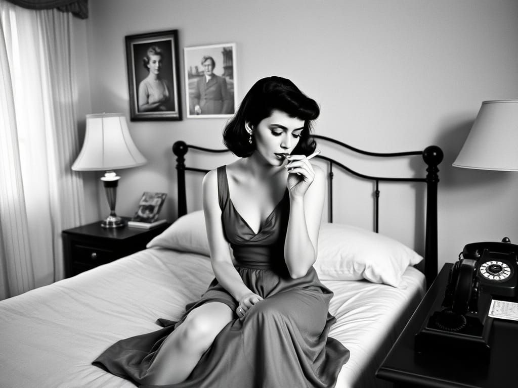 Elegant Woman Smoking: A 1950s Black and White Photograph