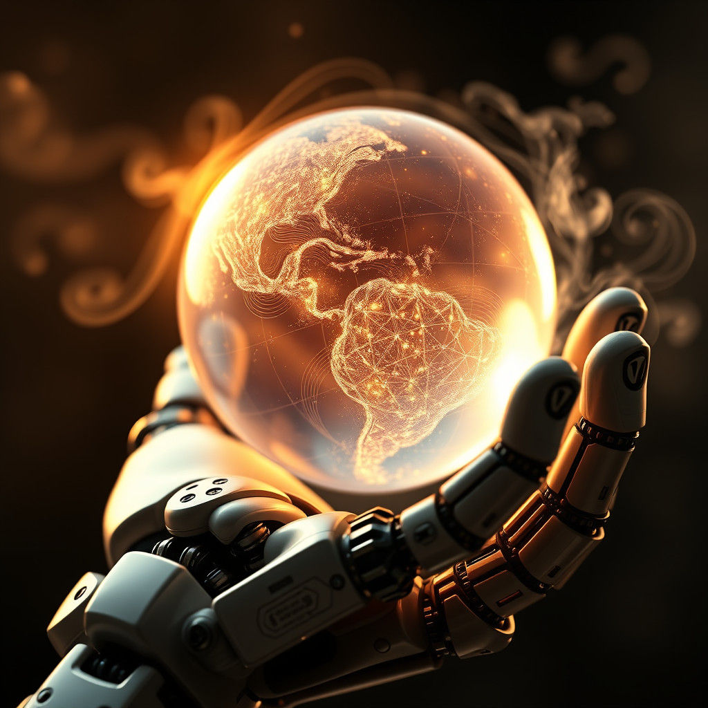 Robotic Hand Holding Globe with Ethereal Glow
