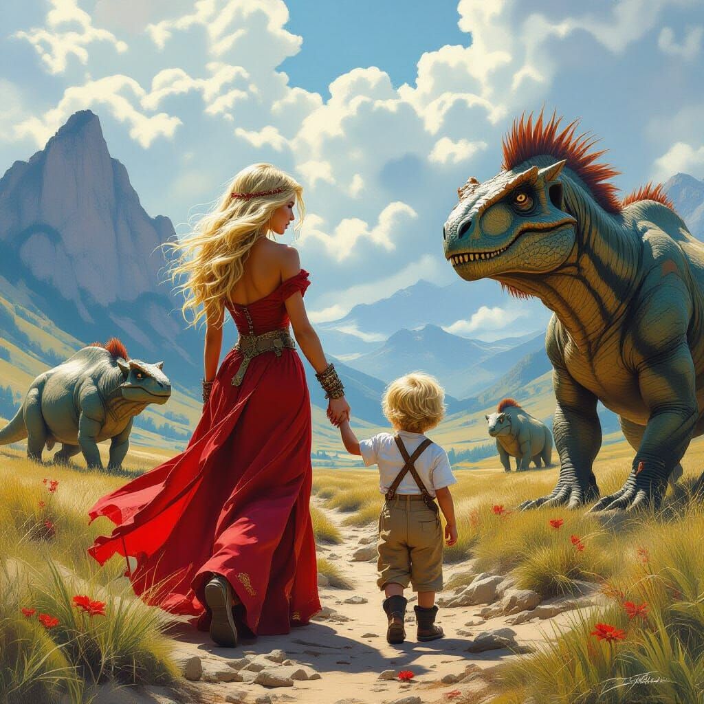Children Between Prehistoric Beasts in Jura Landscape
