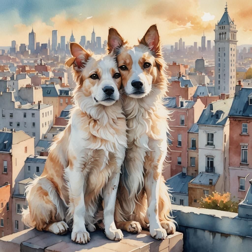 Sweet Dog and Cat Overlook City in Watercolor