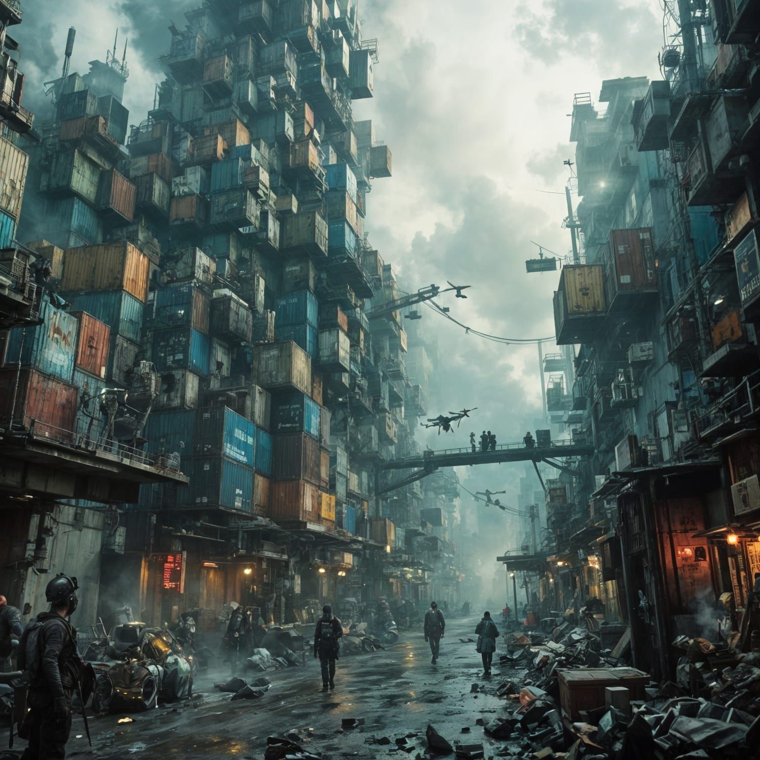 Sci-Fi Container City at Dawn with Neon Lights