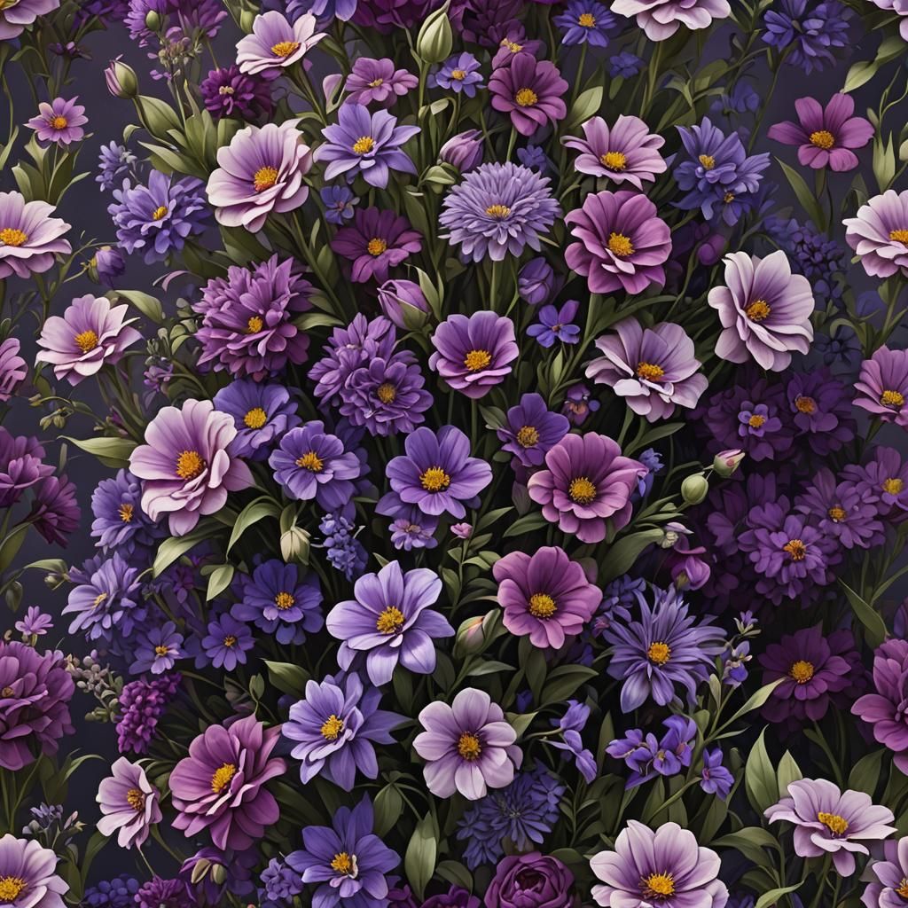 Purple Flower Bouquet in Detailed Oil Pastel