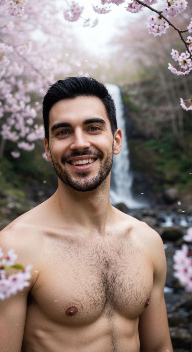 European Man Among Cherry Blossoms With Waterfall