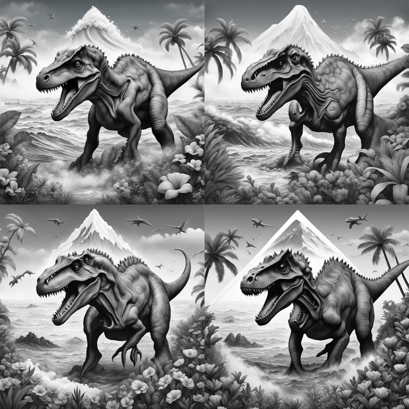 Dinosaur Head Ink Drawing with Tropical Flowers