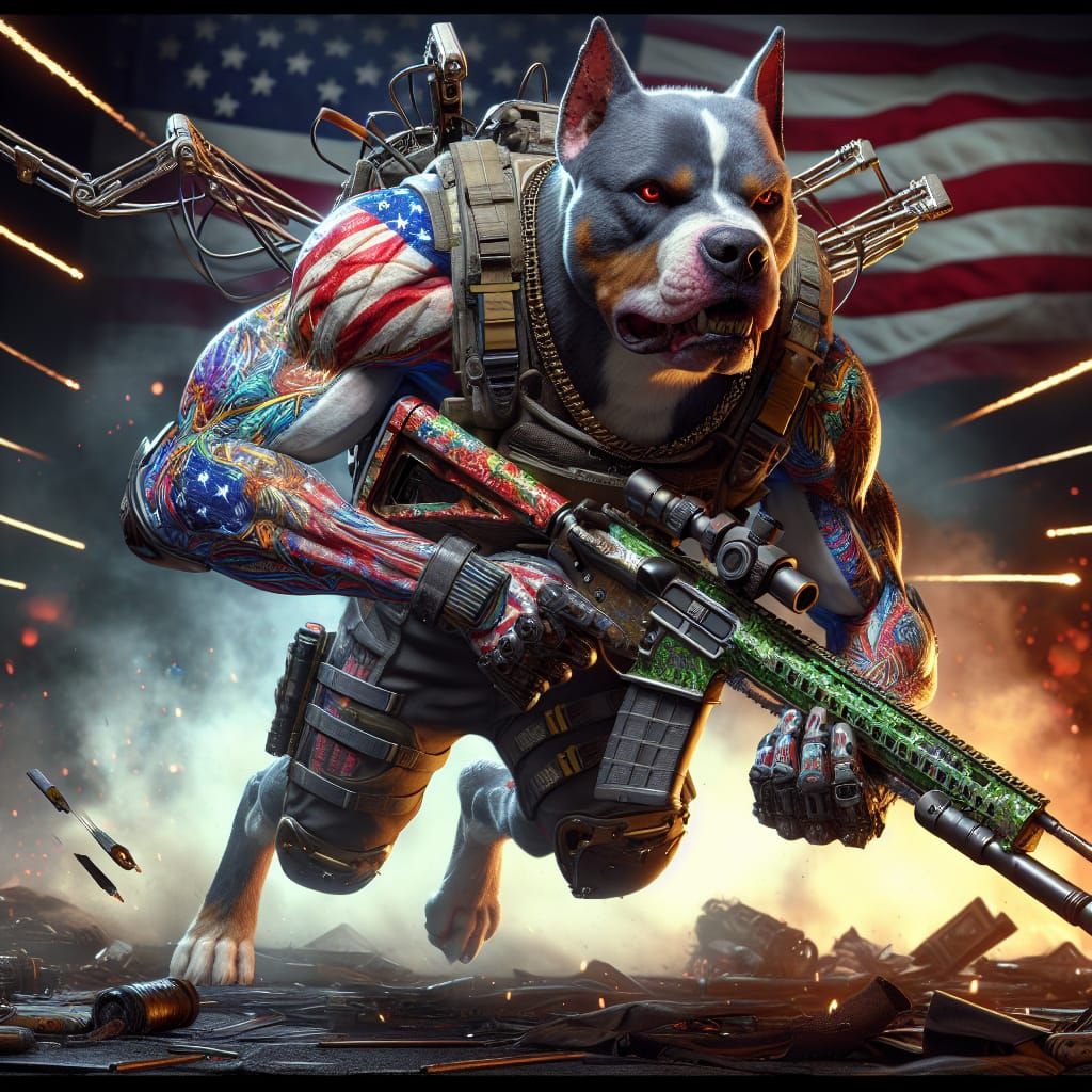 Patriotic Pitbull Marksman in War Zone, 3D Render