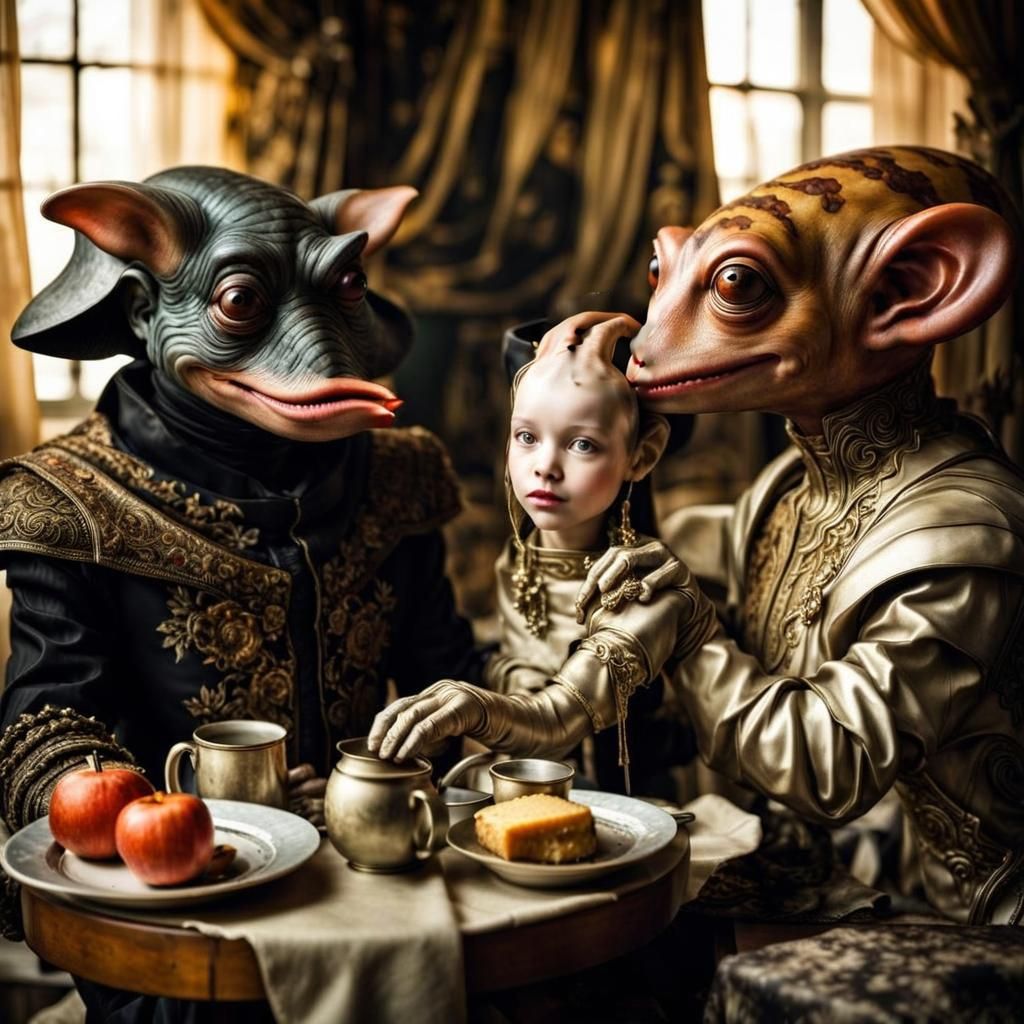 Surreal Restaurant Scene with Exotic Aliens