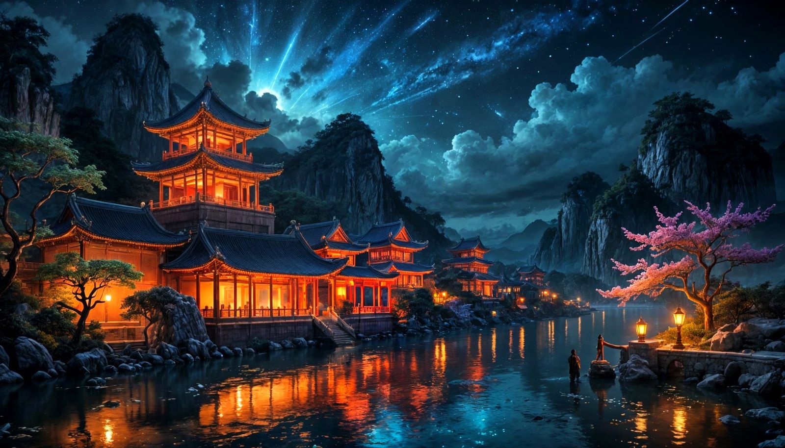Chinese Palace Under Meteor Shower