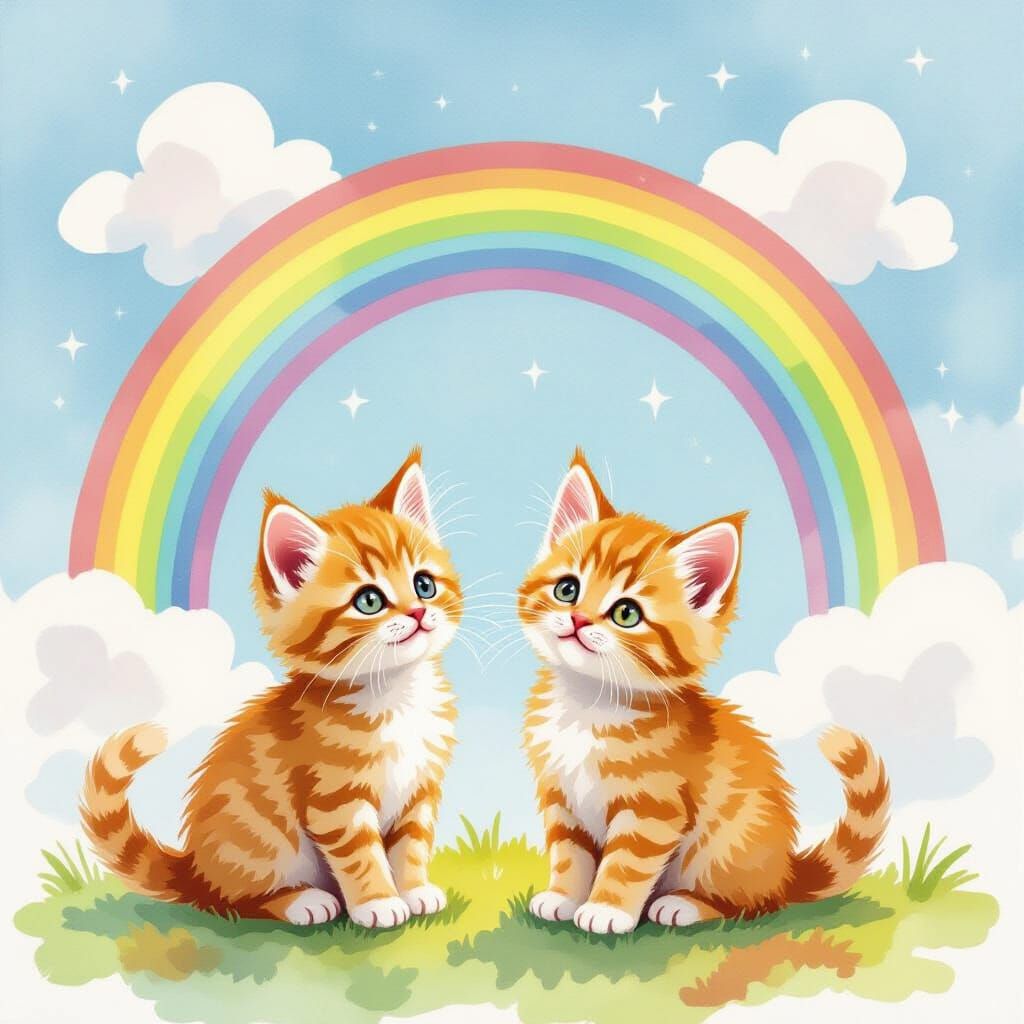 Whimsical Watercolor Kittens Under a Vibrant Rainbow