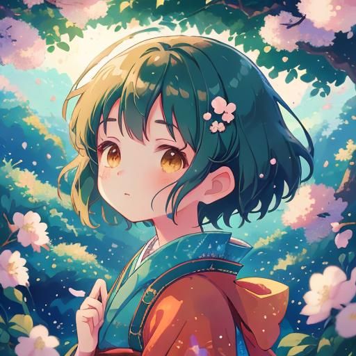 Girl Gazing at Blossoms in Anime Style