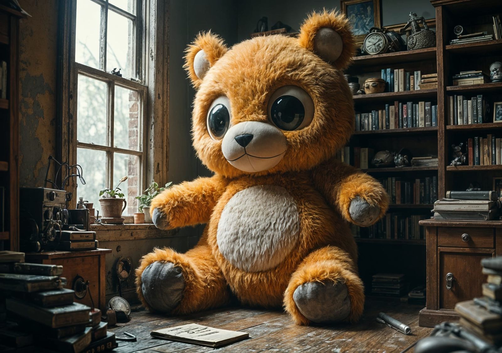 Oversized Steampunk Plush Toy in Dimly Lit Room