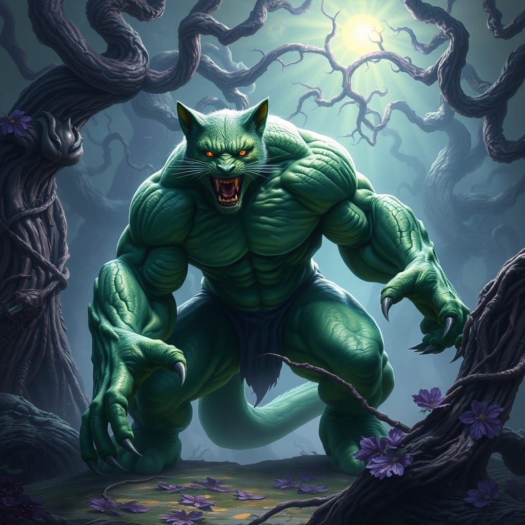 Majestic Feline-Hulk Hybrid in Eerie Fantasy Realm