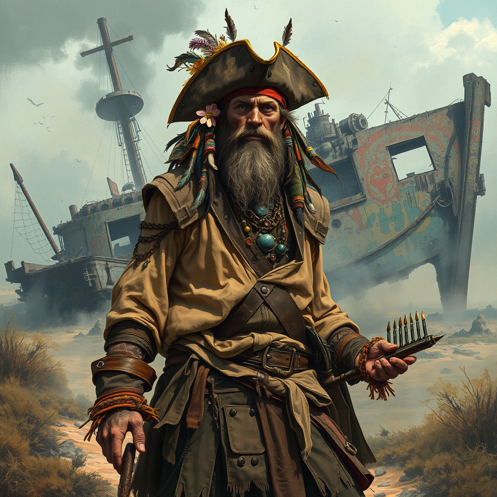 Post-Apocalyptic Pirate in Earth-Toned Landscape
