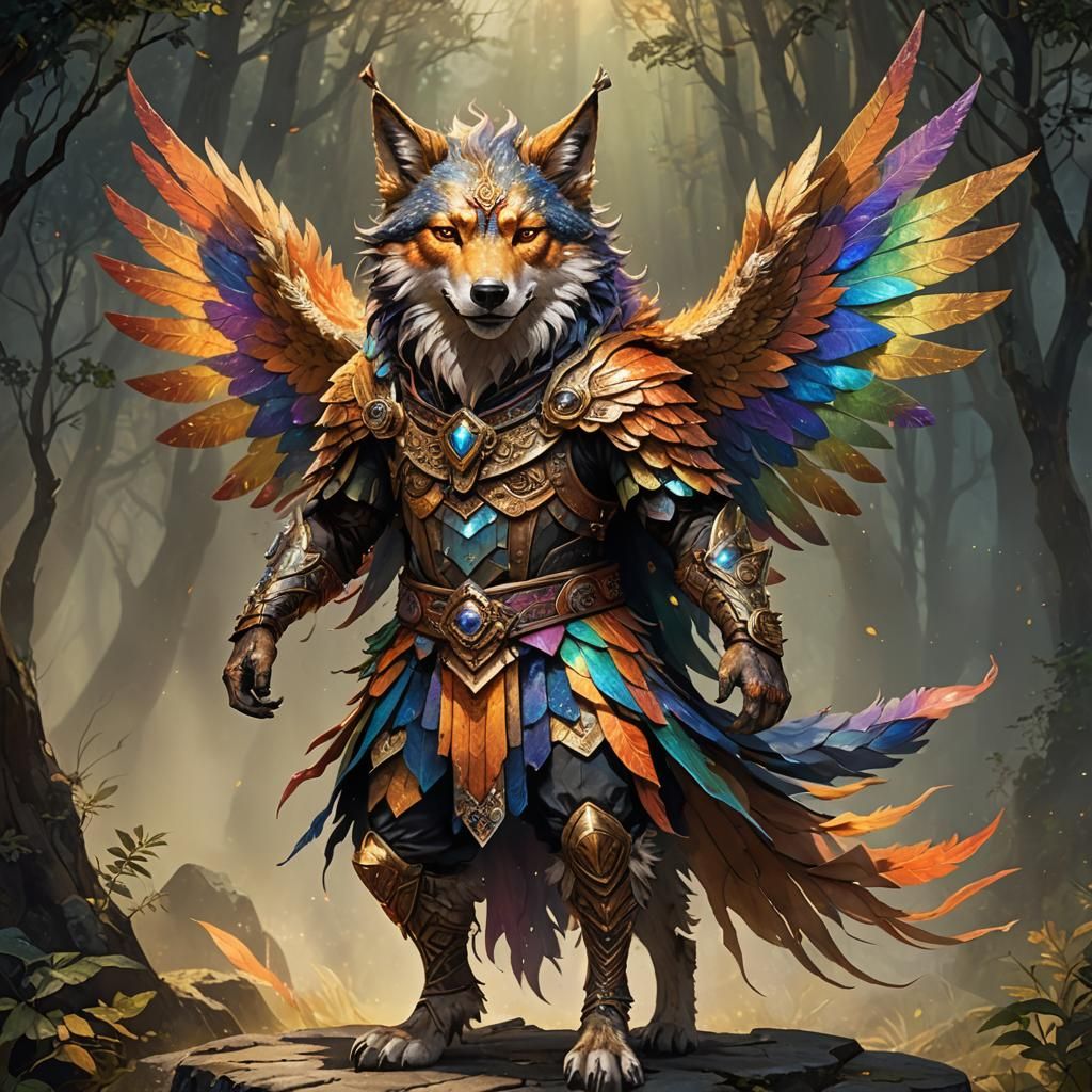 all vibrant fall orange rainbow sparkle wings on an anthropo...