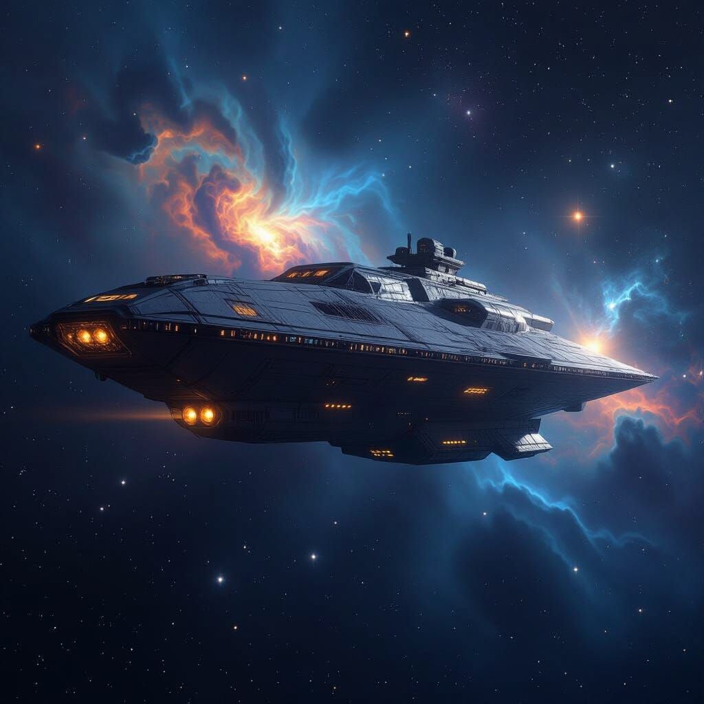 Colossal Spaceship Drifting in Cosmic Nebula