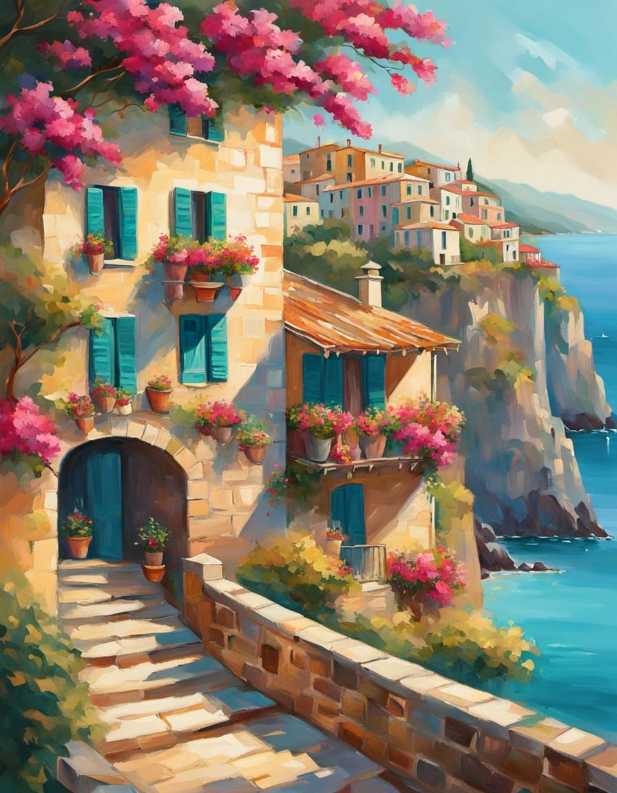 Italian Coastal Village in Impressionist Style