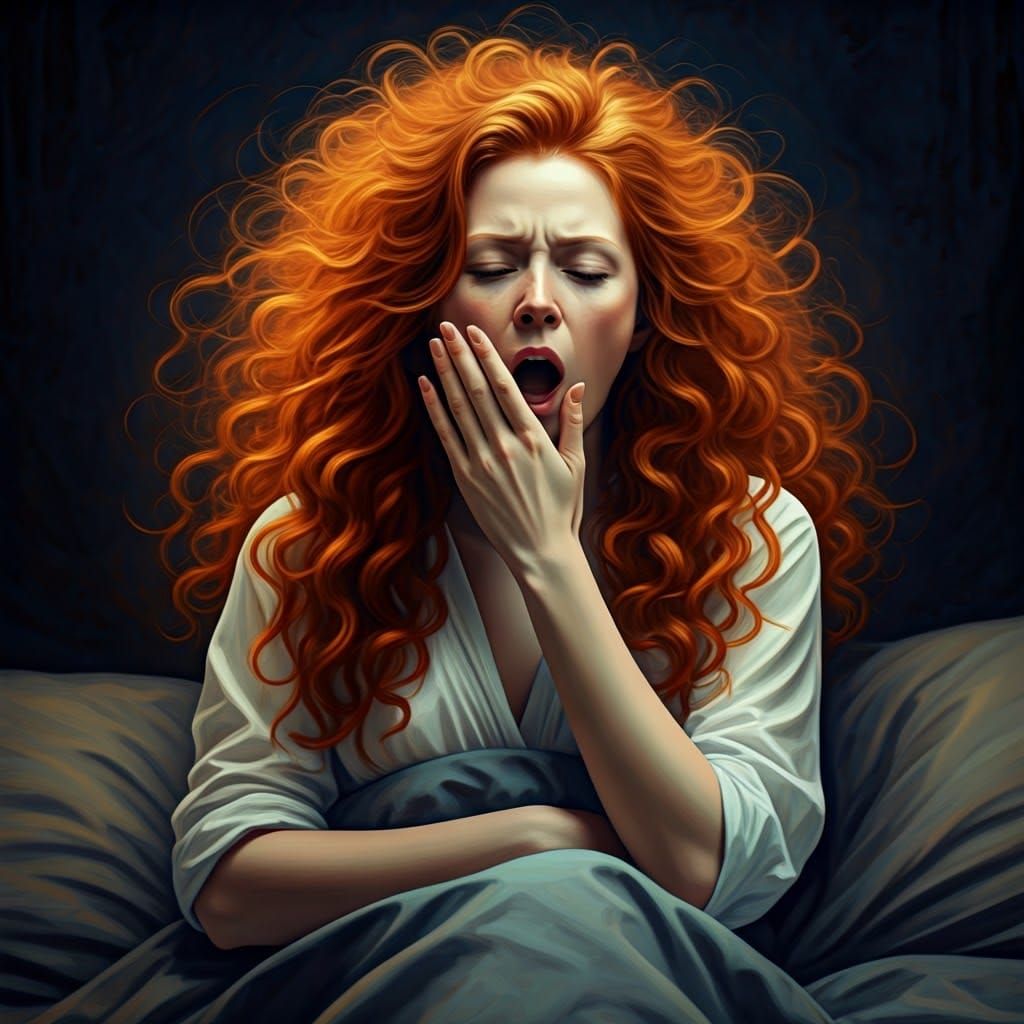 Redhead Woman Yawning in Impressionist Style