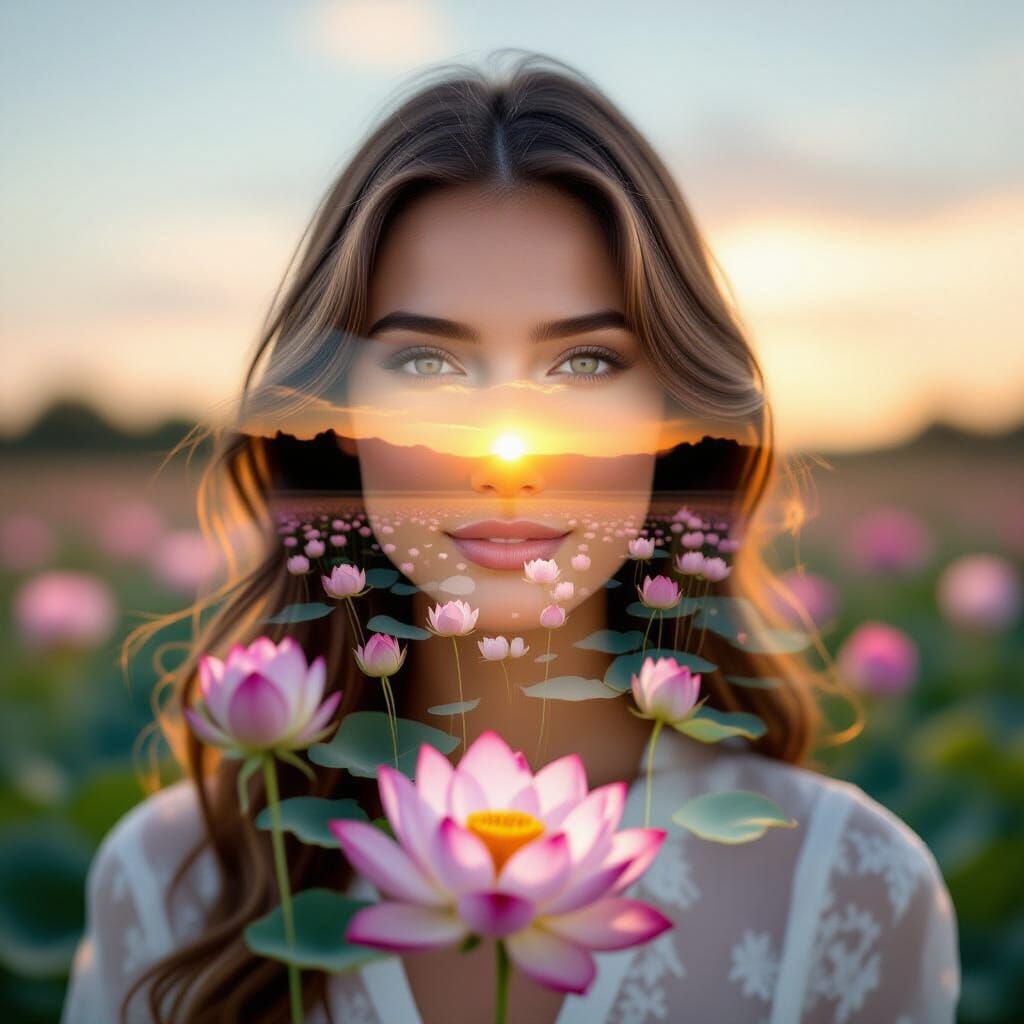 Harmonious Double Exposure: Woman and Sunset Landscape