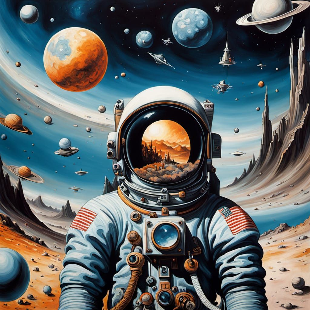 Astronaut in Cosmic Ocean with Alien Cityscape