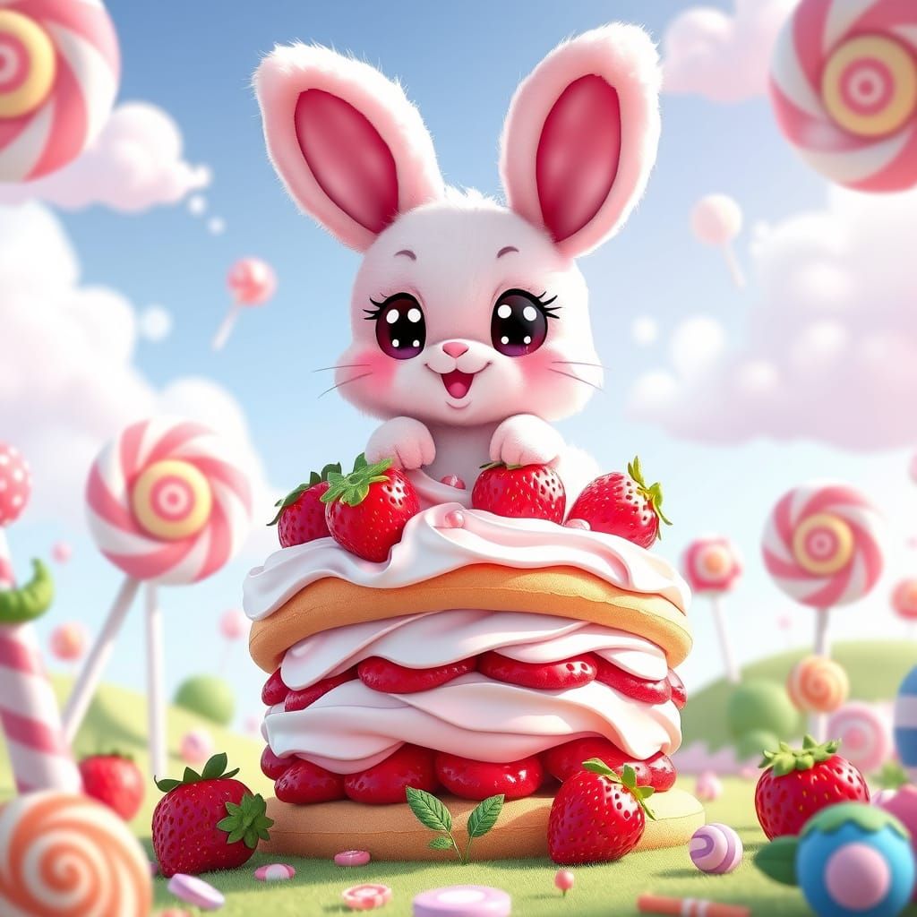 Pink Bunny on Strawberry Shortcake in Kawaii Style