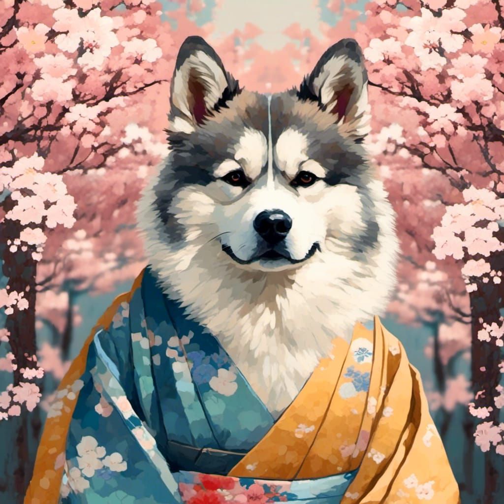 Akita Dog Portrait in Ukiyo-e Style with Cherry Blossoms