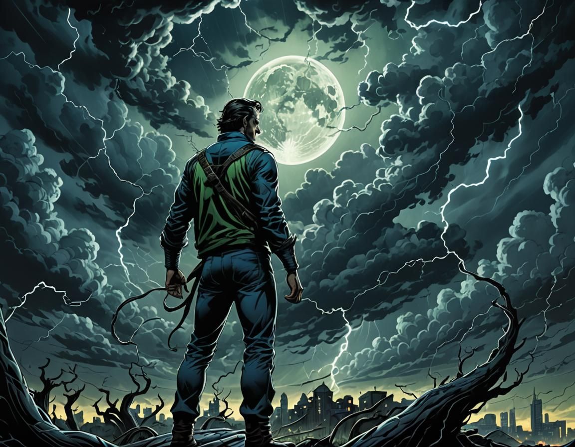 Dramatic Comic Art: Person with Snakes in Lightning Storm