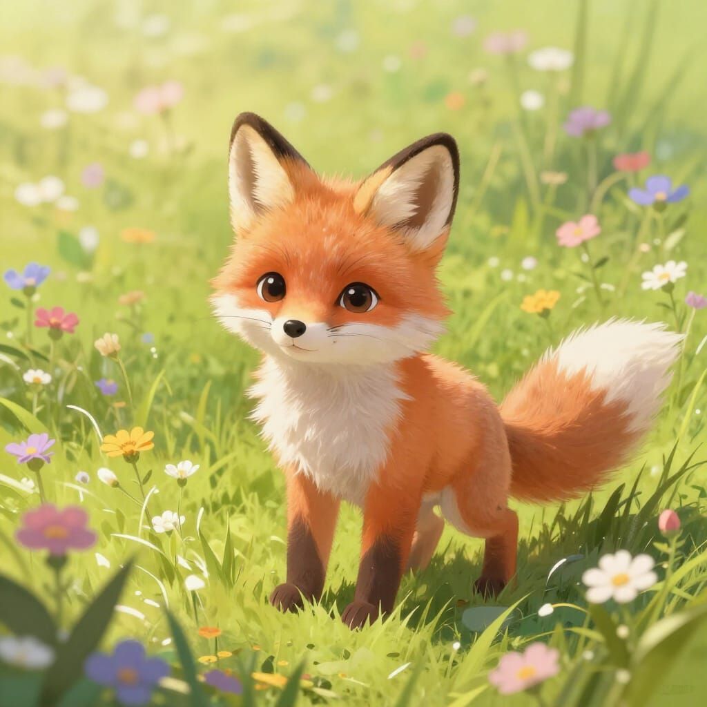Fluffy Baby Fox in Sunlit Wildflower Meadow