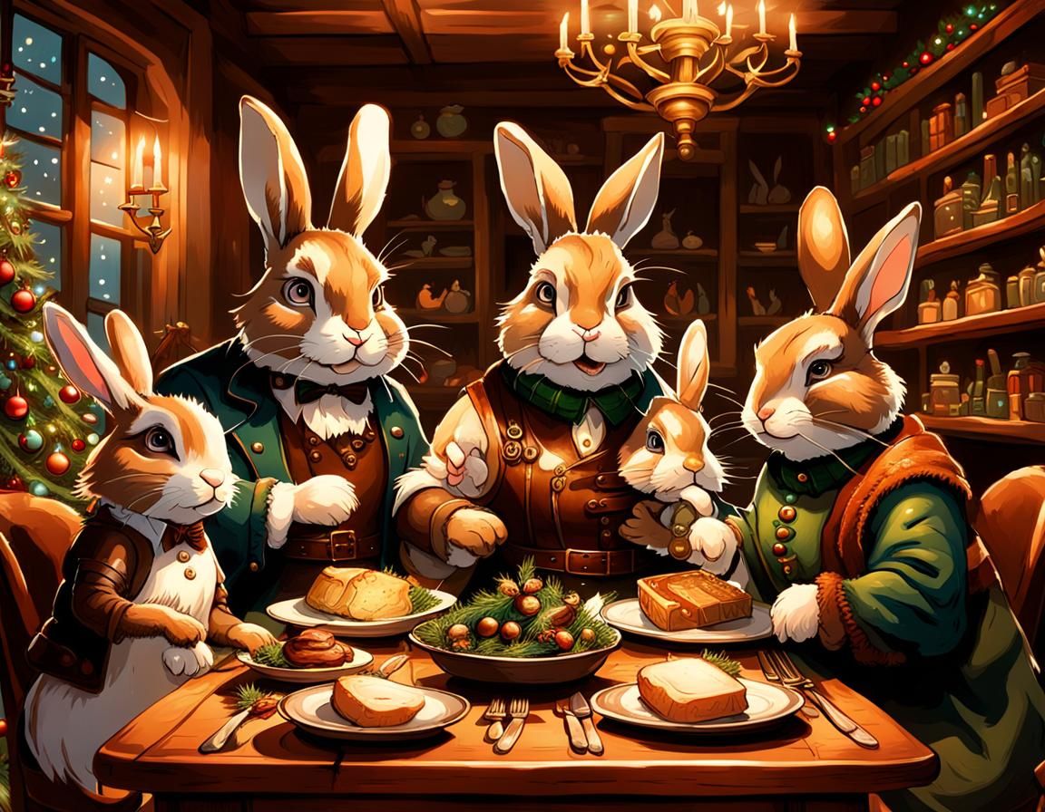 Rabbit Family Christmas Dinner in Cozy Fantasy Library