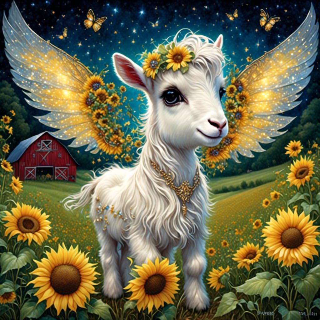 Enchanting Fairy Goat in Watercolor Sunflower Field