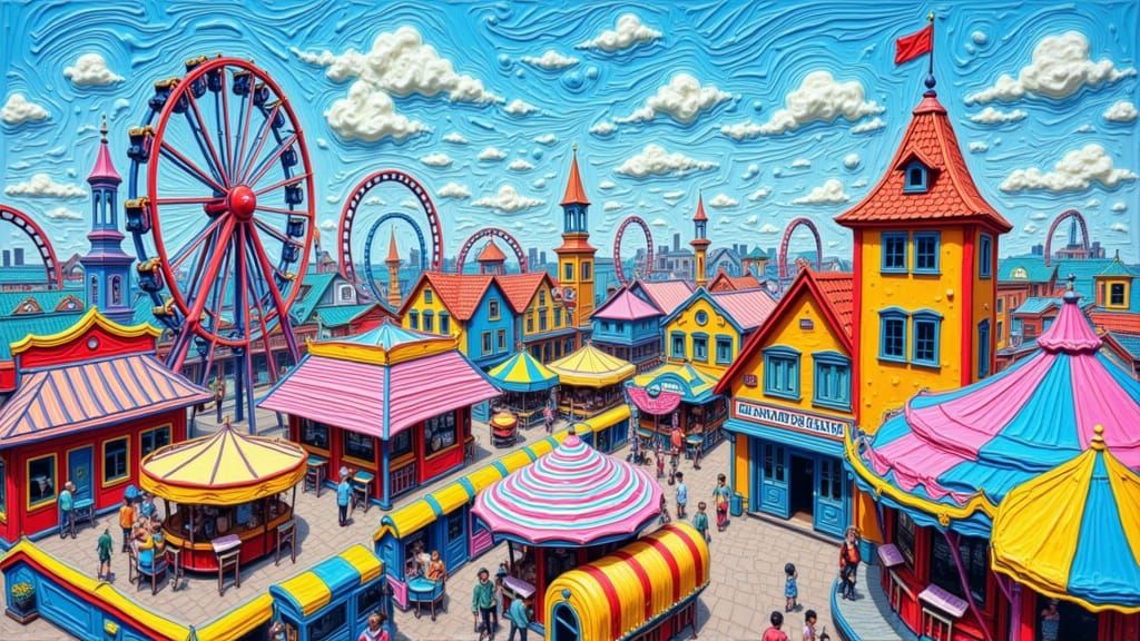 Amusement Park in the Clouds: 3D Gouache Illustration