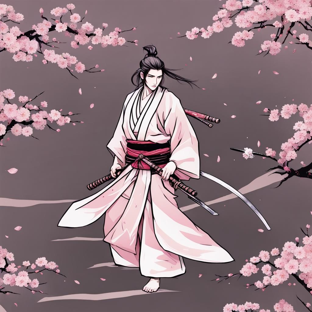 Samurai in Zen Garden with Sakura Blossoms