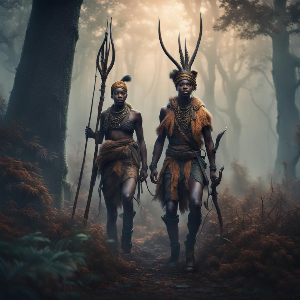 African Hunters in Misty Woods: Fantasy Concept Art