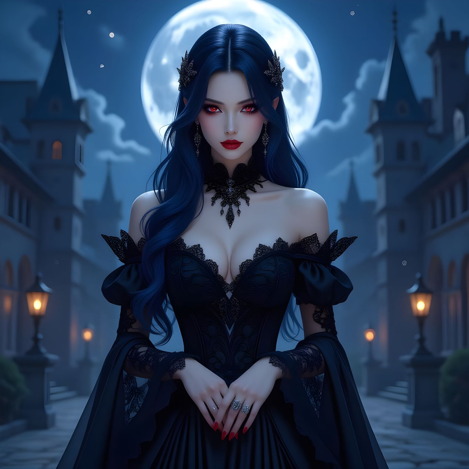 Vampire Countess in Gothic Courtyard, Anime Style