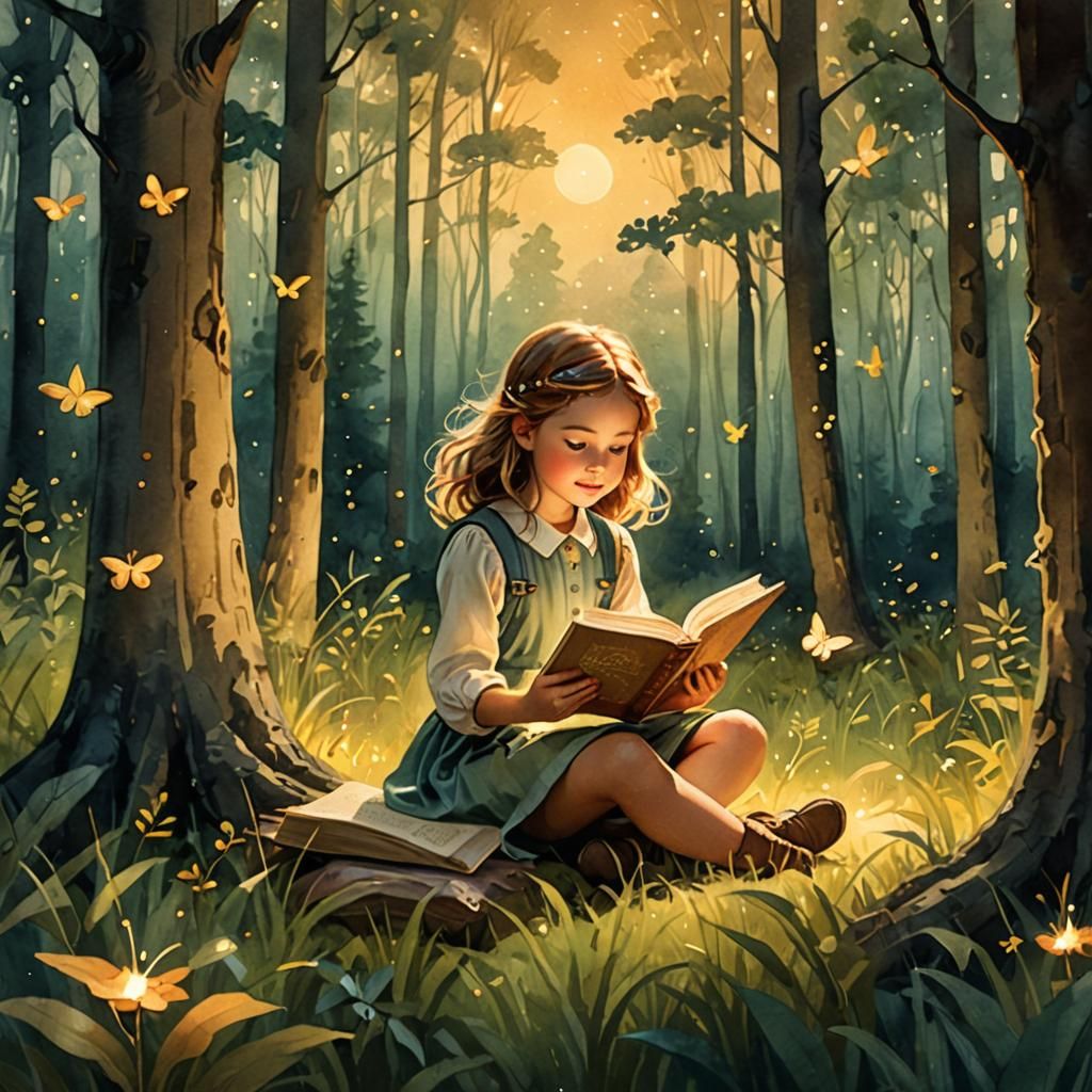Enchanting Storybook Illustration of Girl Reading