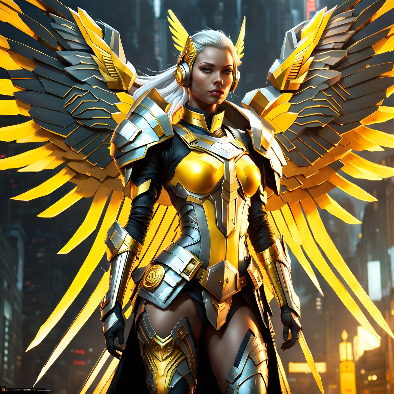 Futuristic Valkyrie in Detailed Armor and Metal Wings