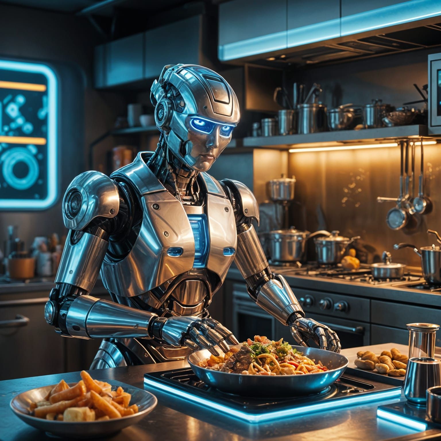 Robot Chef Prepares Meal in Futuristic Kitchen